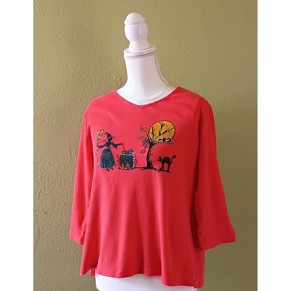 Halloween Spooky Orange Beaded Knit Quacker Factory Top Shirt Womens M Medium